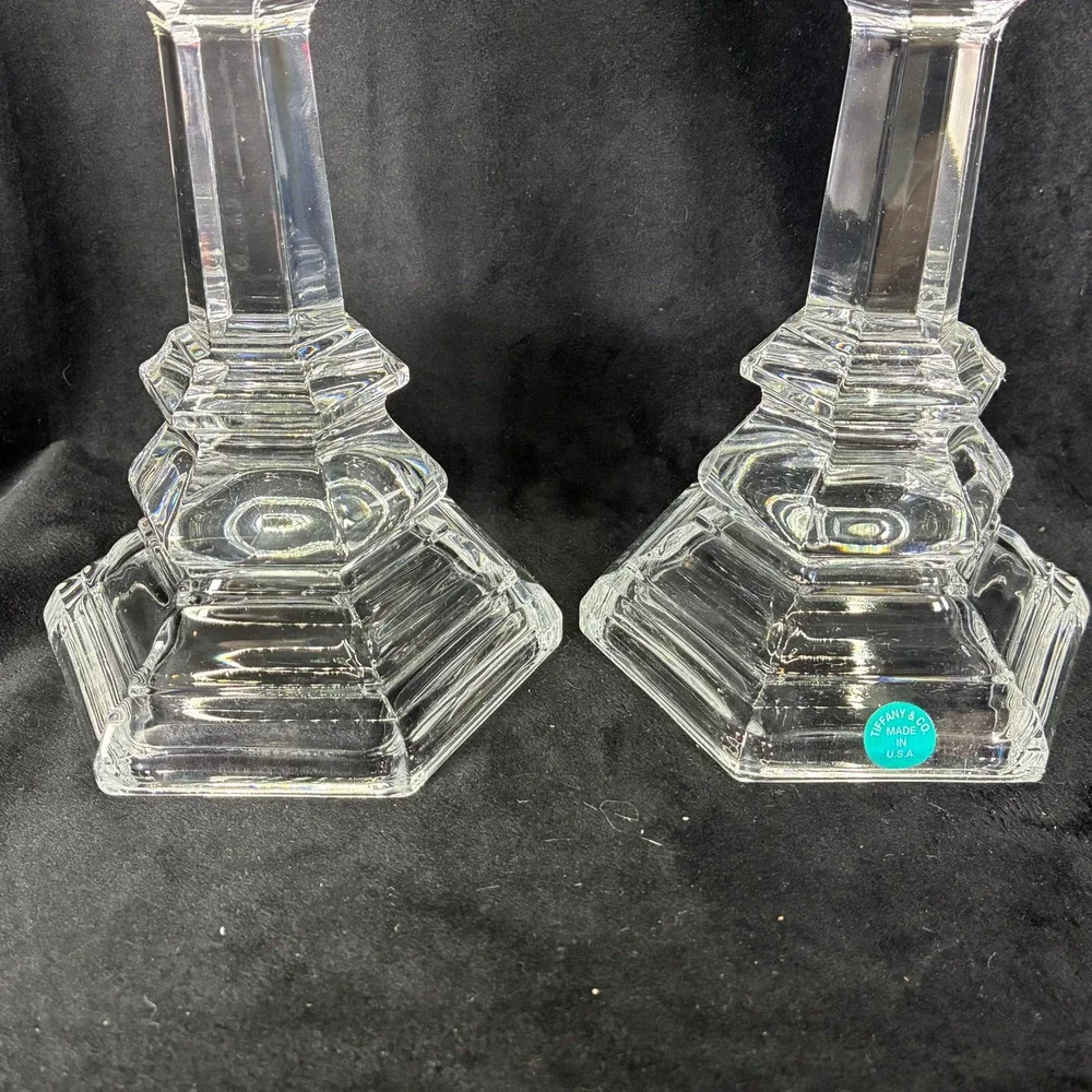 Tiffany & Co Crystal Glass Candlesticks Set of 2 Hexagonal Tiered 8 Inch USA